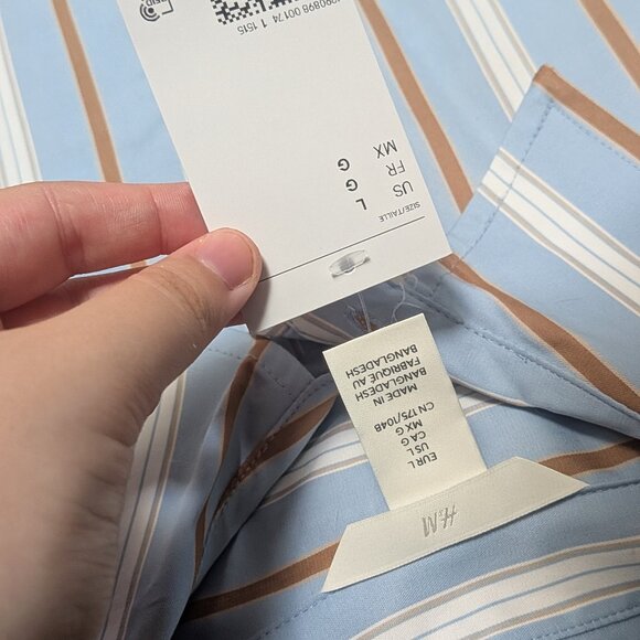 H&M Linen-Cotton Size L Men's Button Down Striped Blue Brown - Picture 6 of 6